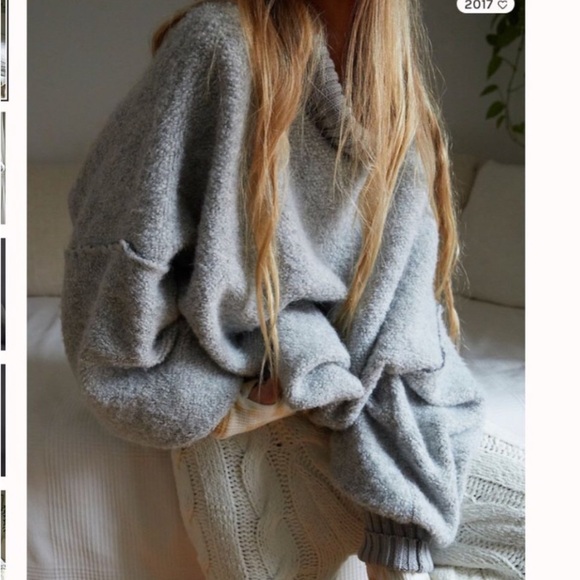 Free People] Grey Rib Fold-over Turtle neck Boucher Oversize Sweater - Picture 2 of 14